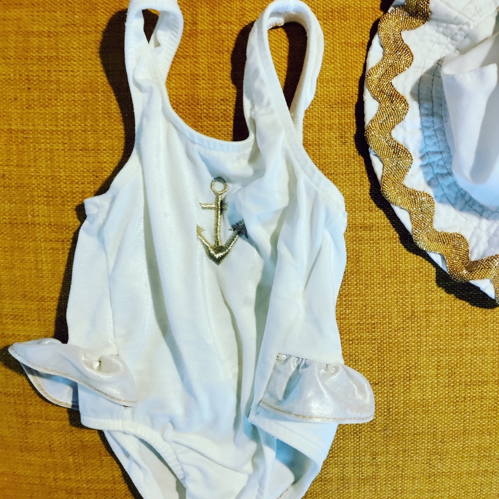 SOLD Vintage 90s White Baby Swimsuit and Hat Set with Gold Anchor - Picture 2 of 7
